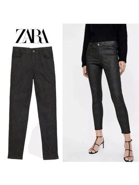 Zara Z1975 Snakeskin Printed Denim Jeans Pants Waxed Finish Sz 6 38